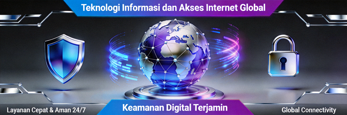 Banner informasi teknologi dan akses internet dengan ikon global dan keamanan