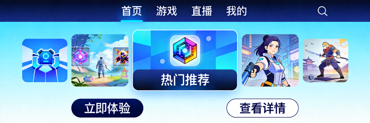 Ilustrasi antarmuka platform hiburan online dengan desain modern dan warna biru