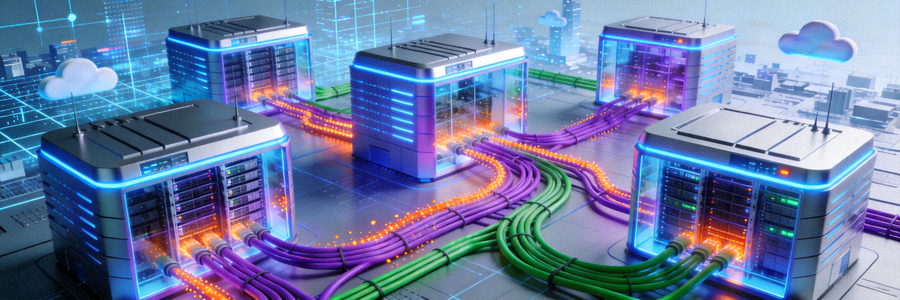 Ilustrasi infrastruktur server cloud dengan multiple data center dan koneksi redundan