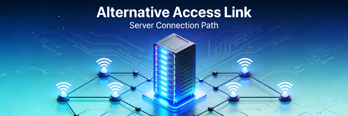 Visual konsep link alternatif untuk akses platform dengan simbol koneksi dan server